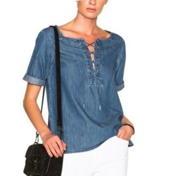 rag & bone Tops - Rag & Bone Chambray Lace Neck Short Sleeve Popover Top Women’s Small
